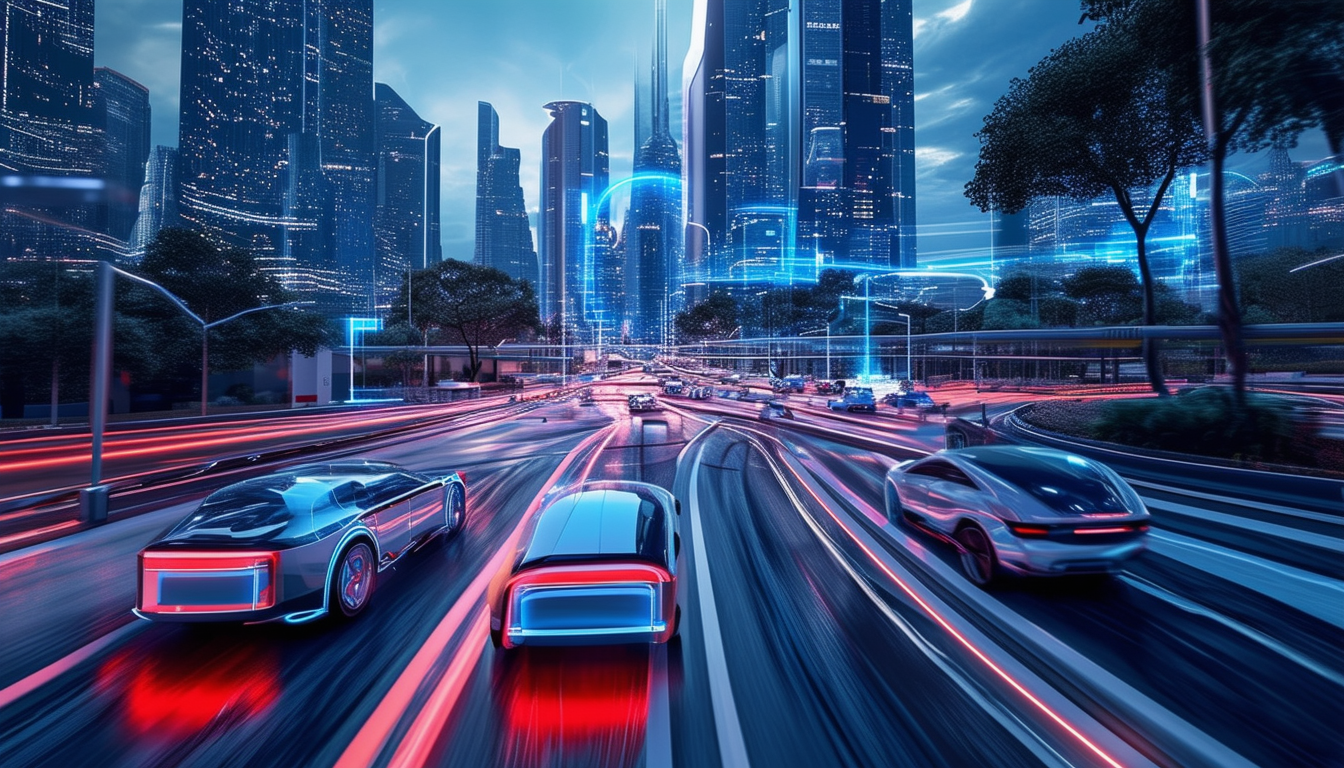 A futuristic cityscape with self-driving cars seam